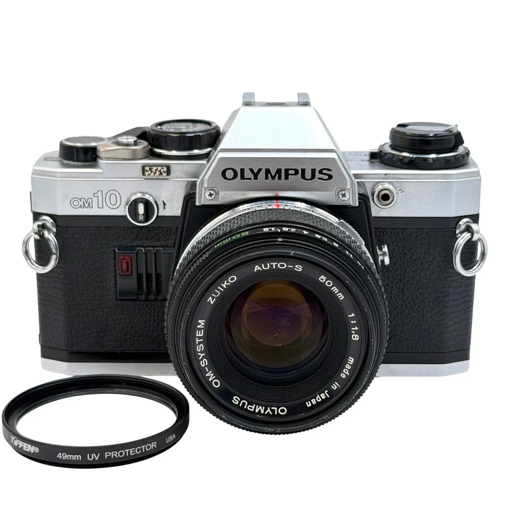Olympus OM10 35mm Film SLR Camera with Zuiko Auto-S 50mm f1.8 Lens Silver Black